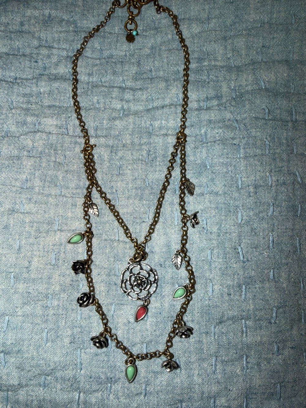 Lucky Brand Gold-Tone Layered Floral Necklace with Green and Pink Charms